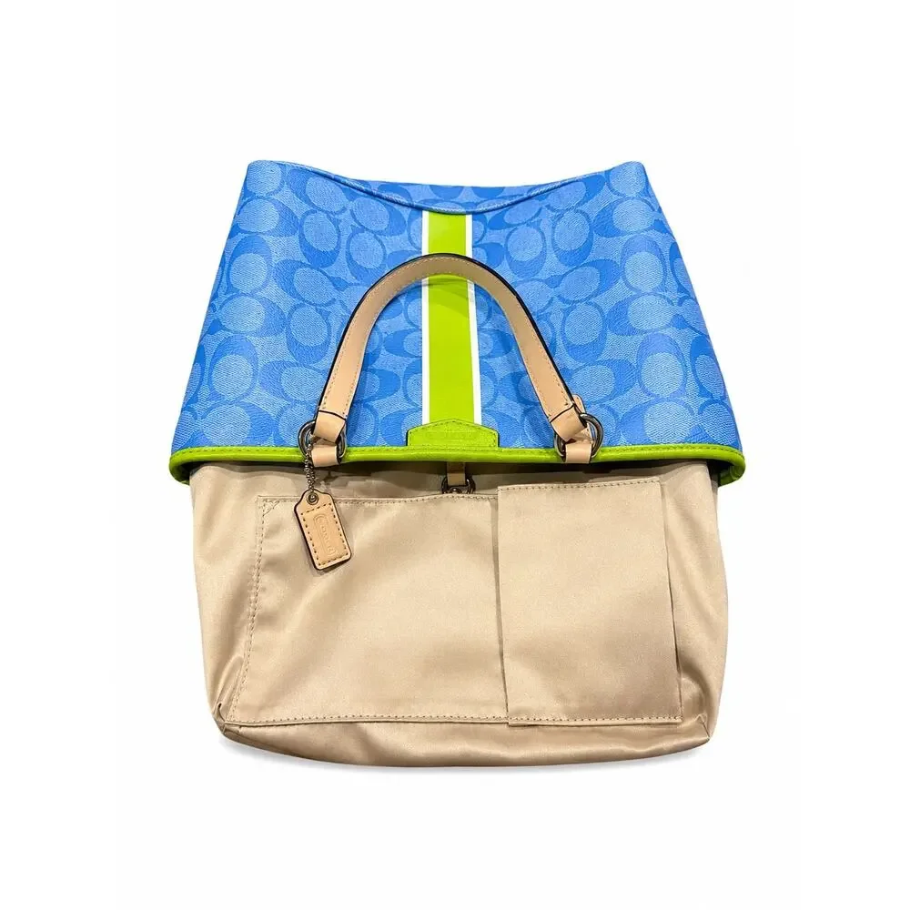 Coach Signature C Momogram Stripe Mini Tote Blue Green Canvas Authenticated